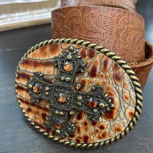 Brown Embossed Leather and Rhinestone Cross Belt